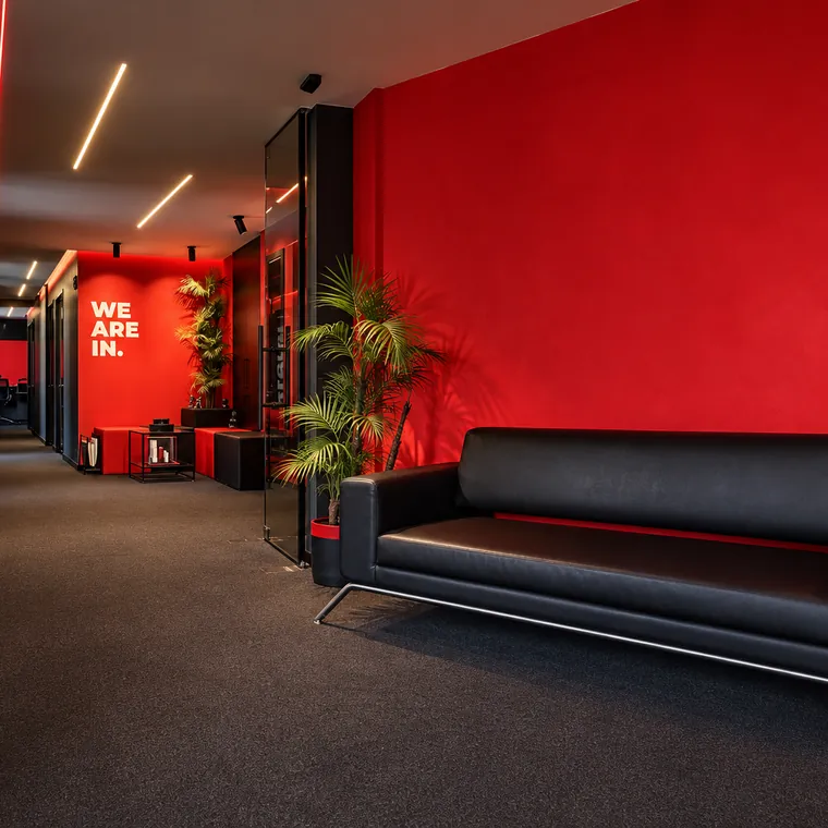 Lounge corridor with red walls