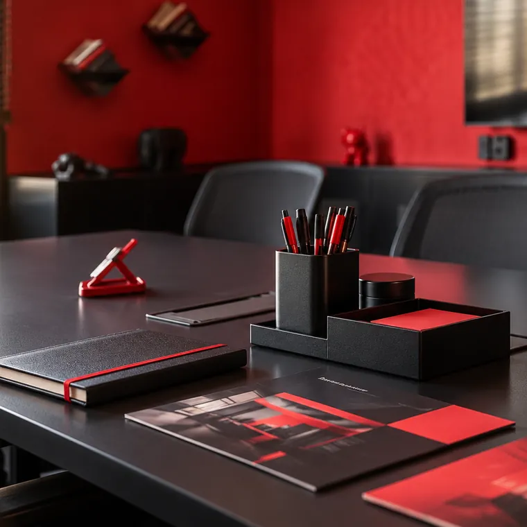 Studio desk with red notebooks